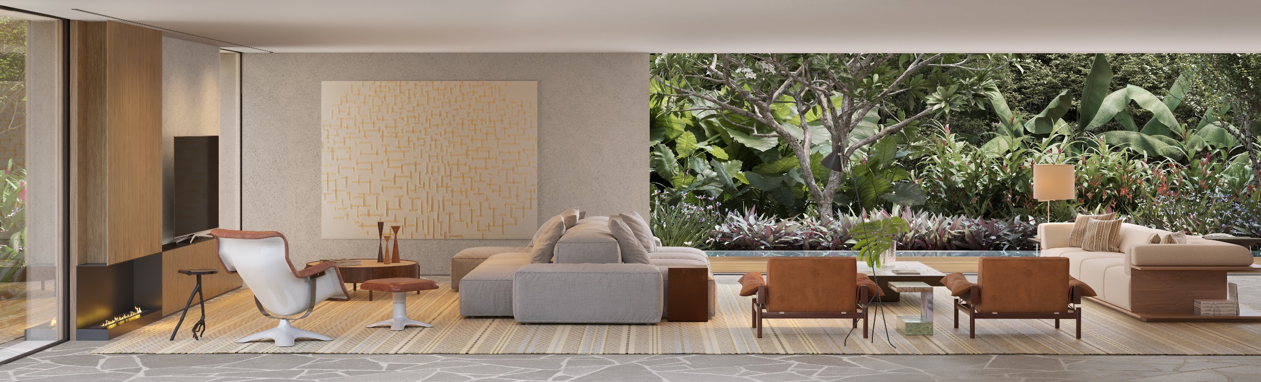 Living do Aram aberto para o jardim, de piso a teto